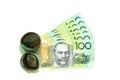 Group of 100 dollar Australian notes expand and roll on white background Royalty Free Stock Photo