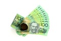 Group of 100 dollar Australian notes expand and roll on white background Royalty Free Stock Photo