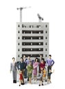 Group of dolls - people on the background of an unfinished house. Royalty Free Stock Photo