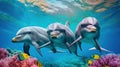 Group of dolphins in colorful underwater. Generative AI Royalty Free Stock Photo