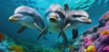 Group of dolphins in colorful underwater. Generative AI Royalty Free Stock Photo