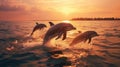 a group of dolphins jumping out of water Royalty Free Stock Photo