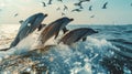 A group of dolphins jumping out of the water in front of birds, AI Royalty Free Stock Photo