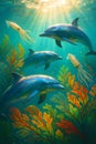Group of Dolphins and Squid Interacting in Bright Ocean Habitat with Sun Rays and Lush Vegetation Royalty Free Stock Photo