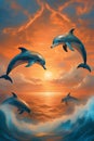 A group of dolphins swimming in a big ocean with oramge sky, animal, beautiful scenery, 8k, wallpaper Royalty Free Stock Photo