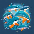 A group of dolphins swimming together in harmony can create a captivating and joyful t-shirt design.