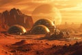 A group of domes sit atop a vast desert landscape under a clear blue sky, A Martian colony with bio-domes amidst harsh red desert