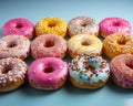 a group of donuts with colorful frosting and sprinkles