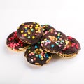 Group of donuts glazed with chocolate and sprinkles