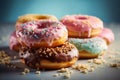 Group of Donuts on pastel background, Shot using a Leica camera, Soft shadows