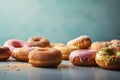 Group of Donuts on pastel background, Shot using a Leica camera, Soft shadows