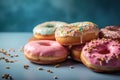 Group of Donuts on pastel background, Shot using a Leica camera, Soft shadows