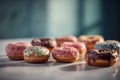 Group of Donuts on pastel background, Shot using a Leica camera, Soft shadows