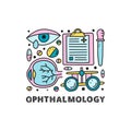 Group of doodle colored ophthalmology icons.