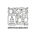 Group of doodle outline ophthalmology icons.