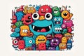 group of doodle styled cute and adorable monsters drawn, colorful mascot, generative ai