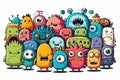 group of doodle styled cute and adorable monsters drawn, colorful mascot, generative ai