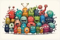 group of doodle styled cute and adorable monsters drawn, colorful mascot, generative ai