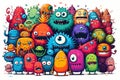 group of doodle styled cute and adorable monsters drawn, colorful mascot, generative ai