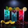 a group of drinks with fruit and berries