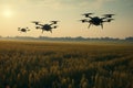 group of drones flies low over a field