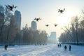 group of drones over frozen river canal in city at winter day or morning