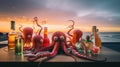 A group of drunk octopus figurines sitting on top of a table. AI generative image.