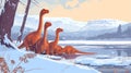 A group of duckbilled dinosaurs huddle together beside a frozen lake their warm insulated feathers keeping them