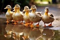 Group of ducklings walking in a line towards a glistening pond. Generative AI