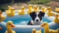 group of ducks A humorous scene of a Border Collie puppy attempting to herd a group of rubber ducks in a kiddie pool