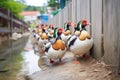 group of ducks marching under a wooden fence