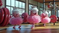 A group of dumbbells in a fitness cl attempt to lift weights while wearing tutus and tiaras in a silly cartoon scene