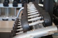 Group of dumbbells lined up in the gym to be used. Healthy mind in a healthy body concept. Gymnastics, health