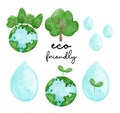 group of Eco environmental friendly symbol, three, earth and water, save the planet, save energy watercolor painting