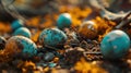 A group of eggs with blue and yellow spots on the ground, AI