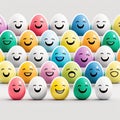 a group of eggs with faces painted on them in a row, all of them lined up in a row, all with different colored eggs with smiling