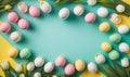 a group of eggs and tulips on a blue and yellow background with a green leafy border in the middle of the image