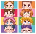 group of eight cute youngs teenagers manga anime characters