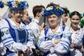 A group of elderly Belarusian women in ethnic costumes. Slavic women in national dress