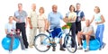 Group of elderly fitness people with bicycle.