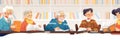 A group of elderly individuals studies foreign languages using textbooks and dictionaries at a library table. Generative Royalty Free Stock Photo