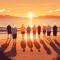 A group of elderly people are doing exercises at the seashore at sunset. Rear view. AI generated image.