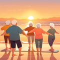 A group of elderly people are doing exercises at the seashore at sunset. Rear view. AI generated image.