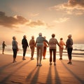 A group of elderly people are doing exercises at the seashore at sunset. Rear view. AI generated image.