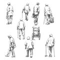Collection of Sketchy Senior Citizens Walking Royalty Free Stock Photo