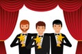 Group elegant actors holding gold trophies star in the theater Royalty Free Stock Photo