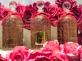 Group of elegant bottles of perfume in a Guerlain perfumery shop window