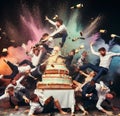 group elegant people celebrate birthday at club throw cake splash wine wild party dance shout laugh