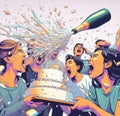 group elegant people celebrate birthday at club throw cake splash wine wild party dance shout laugh