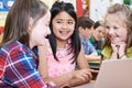 Group Of Elementary School Children Working Together In Computer